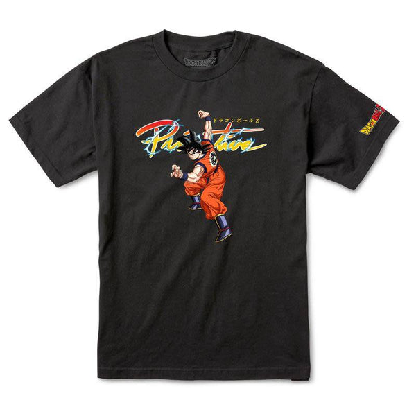 The PRIMITIVE X DRAGONBALL Z NUEVO GOKU T-SHIRT BLACK features Goku from Dragon Ball Z in a fighting pose, with vibrant graphics and logos on the front and sleeve.