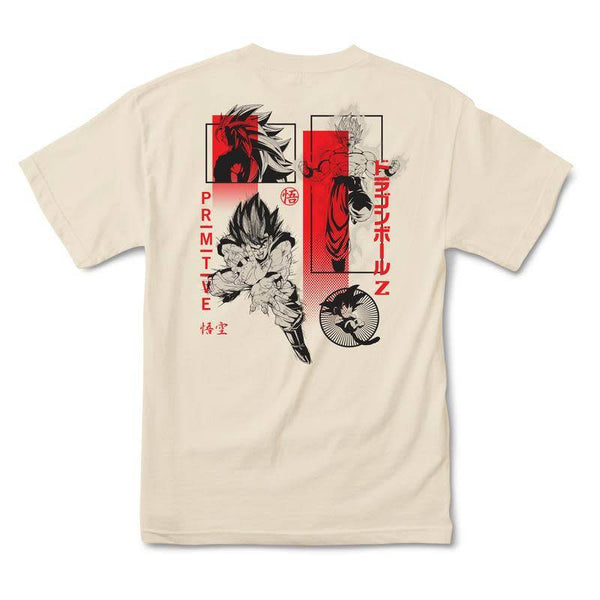 The PRIMITIVE X DRAGONBALL Z COLLAGE T-SHIRT CREAM by PRIMITIVE features black and red Dragon Ball Z graphics with characters, Japanese text, and dynamic action scenes on the back.