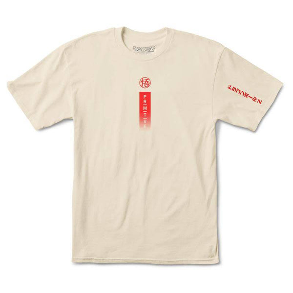 The PRIMITIVE X DRAGONBALL Z COLLAGE T-SHIRT in cream features a vertical red and white graphic on the front center and red text on the right sleeve.