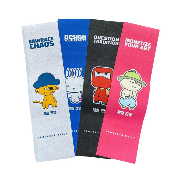 Four resistance bands in gray, blue, black, and pink feature cartoon characters and motivational phrases—like "Embrace Chaos"—inspired by the bold PROGRESS DAILY GRAPHIC GRIP 9X33 skateboard grip from progress daily.