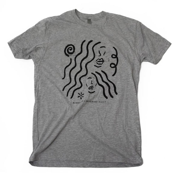 An exclusive Bluetile Skateboards grey t-shirt featuring a black drawing of a woman with long hair.