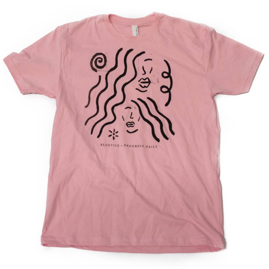 A BLUETILE SKATEBOARDS WEB EXCLUSIVE pink t-shirt featuring a drawing of two women.