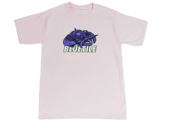 A pink BLUETILE PURPLE LOBSTER T-SHIRT PINK with the word blueline on it, modeled after the Nike SB Dunk design, by Bluetile Skateboards.