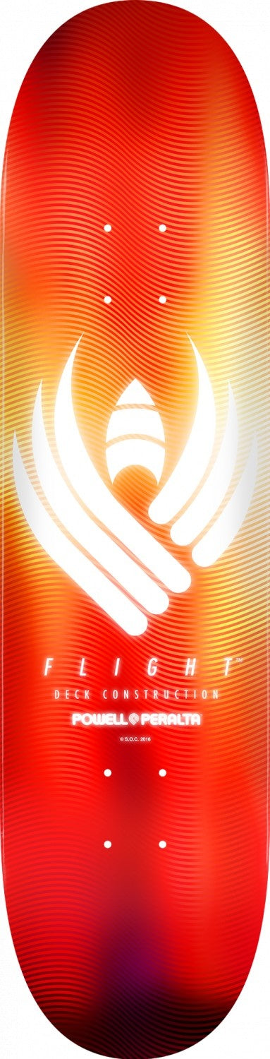 A POWELL PERALTA FLIGHT GLOW 8.0 RED skateboard with a logo on it.