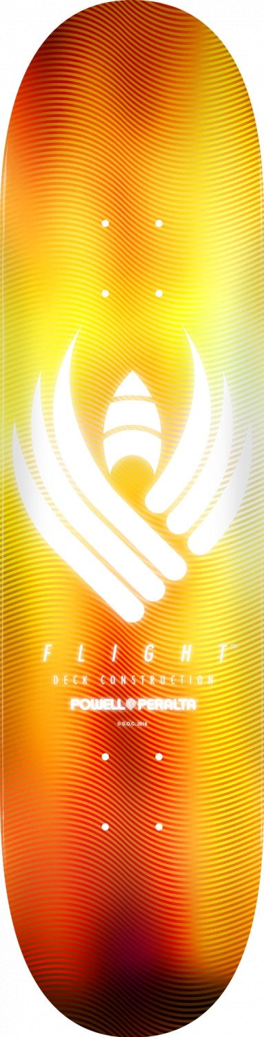 A yellow, orange, and white square with an image of a flying bird featuring Powell Peralta Flight Glow 8.5 Gold.