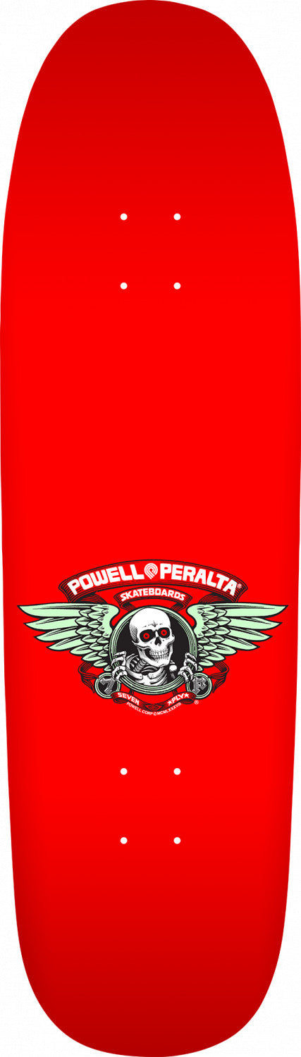 A red skateboard with a POWELL PERALTA CAB BAN THIS 9.625 RED logo on it.