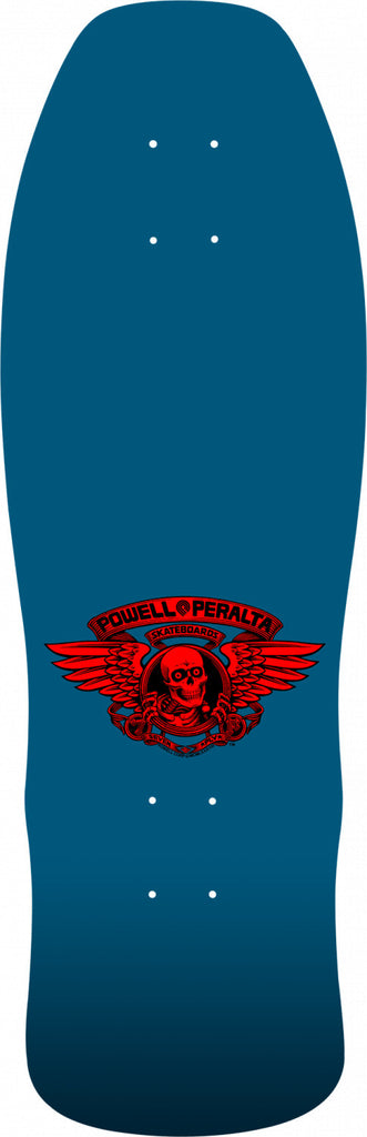 The back of a POWELL PERALTA WELINDER NORDIC SKULL 9.625 skateboard with a red and blue design featuring the POWELL PERALTA logo.