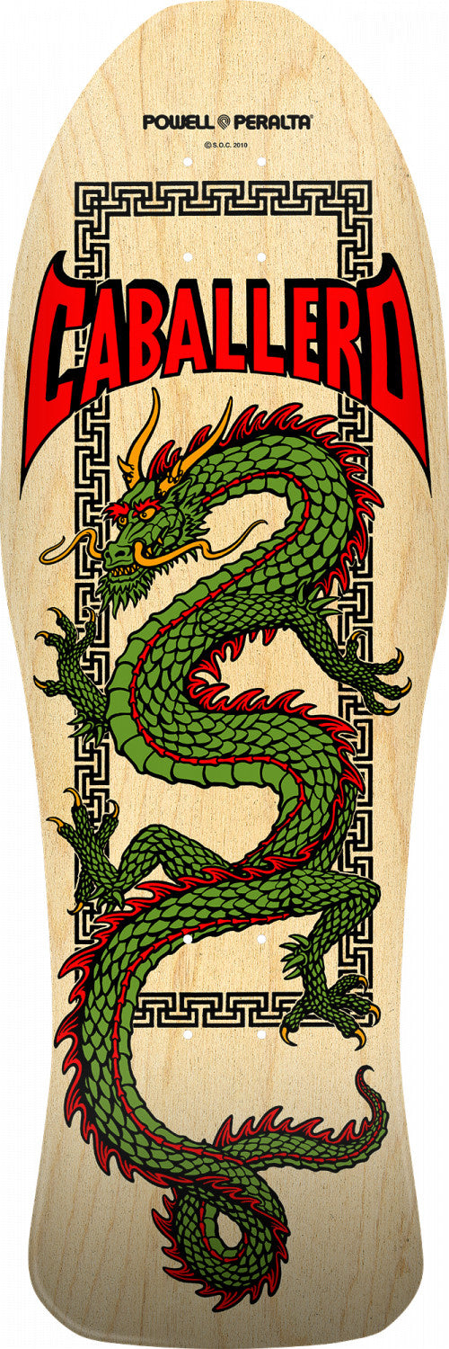 A POWELL PERALTA CAB CHIN DRAGON 10X30 NATURAL skateboard with a dragon on it.