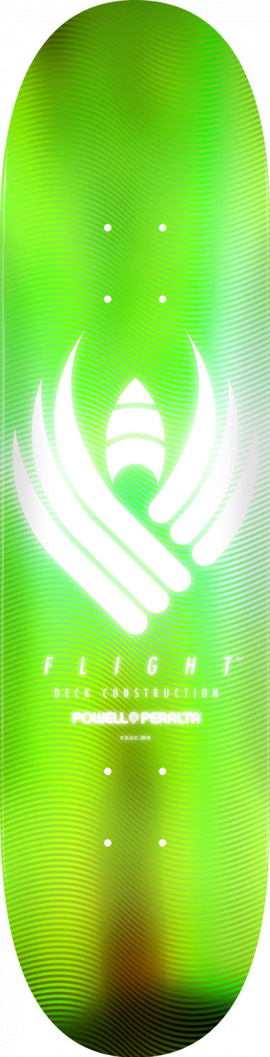 A green skateboard with a white logo on it, featuring the POWELL PERALTA FLIGHT 02 GLOW 8.75 LIME 245 design.
