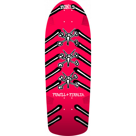 A POWELL PERALTA skateboard with a pink skull and crossbones design, featuring POWELL PERALTA OG RAT BONES PINK 10.0 graphics.