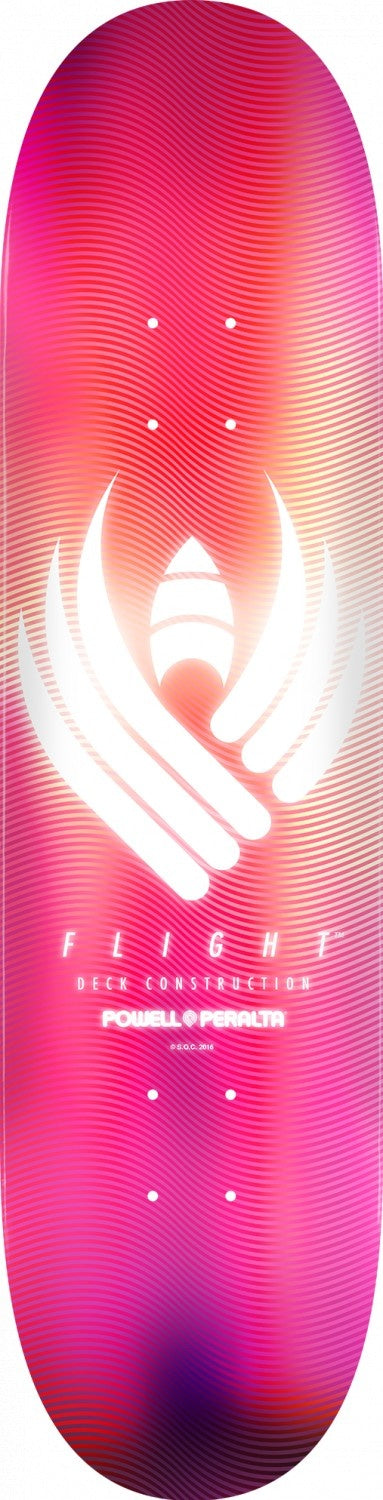 A Powell Peralta pink and white skateboard with the word Flight on it.