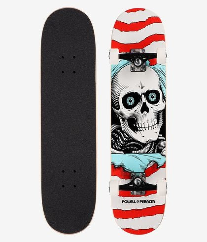 A Powell Peralta Ripper skateboard with a skull on it, available as a POWELL RIPPER ONE OFF COMPLETE 8.0.