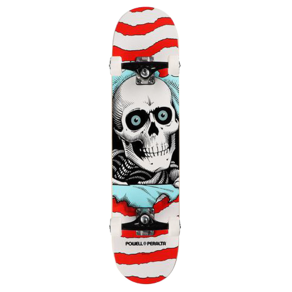 A POWELL PERALTA ONE OFF COMPLETE skateboard with a skull on it, featuring the iconic POWELL RIPPER design. This skateboard has a width of 8.0 inches.