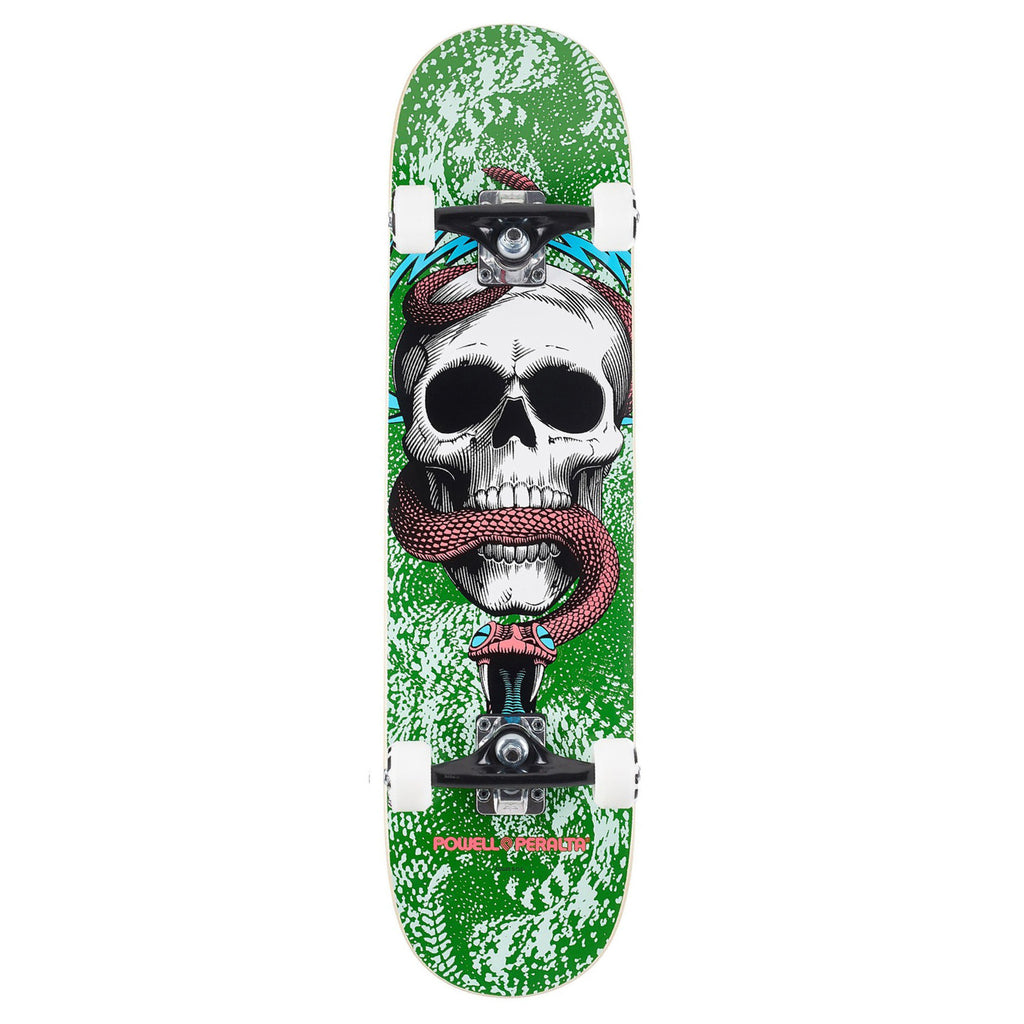 A POWELL PERALTA skateboard with a POWELL SKULL AND SNAKE COMPLETE 7.75 on it, perfect for any skateboarding enthusiast.