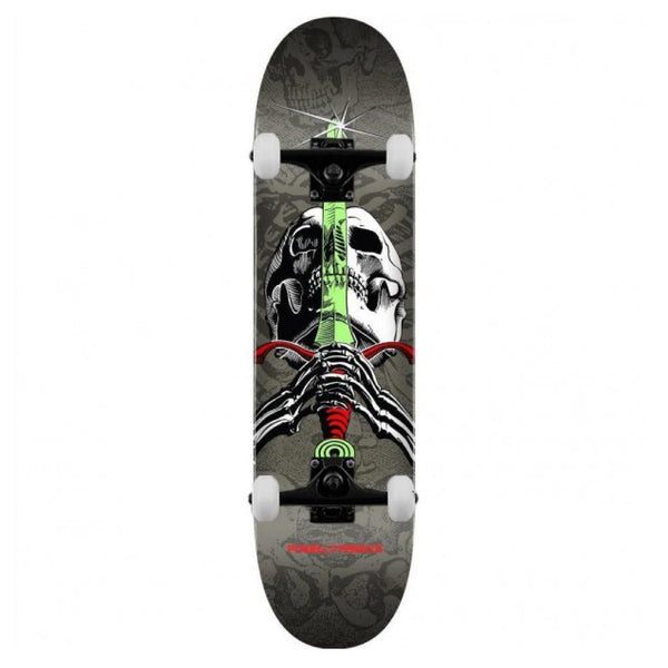 A Powell Peralta skateboard with a Powell Skull and Sword Complete 7.5 on it.