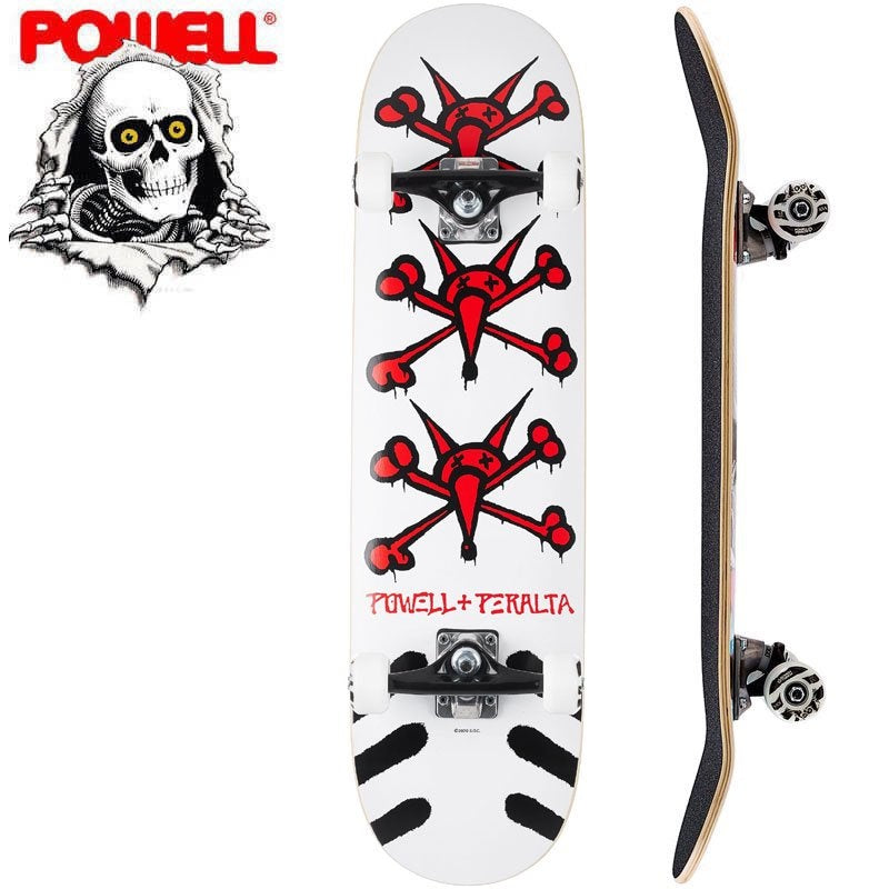 A POWELL PERALTA skateboard with a skull and crossbones on it.