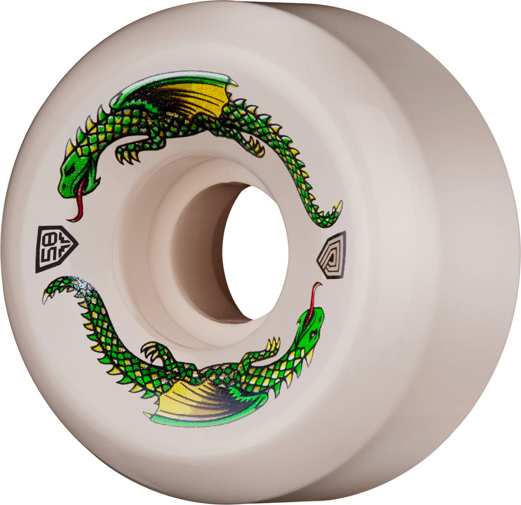 A Powell Peralta Dragon Formula 58x33mm 93A skateboard wheel with a green dragon on it.