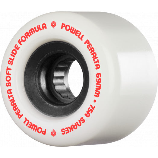 A POWELL PERALTA SNAKES WHITE skateboard wheel with red letters on it by Powell Peralta.