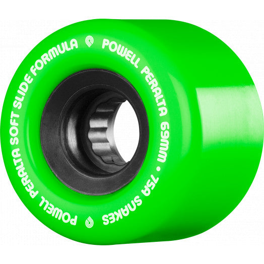 A POWELL-PERALTA SNAKES GREEN skateboard wheel by Powell Peralta on a white background.