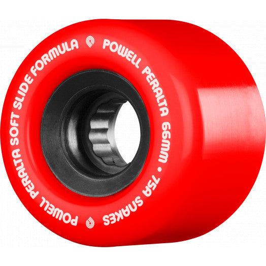 A red POWELL-PERALTA SNAKES RED skateboard wheel on a white background.
