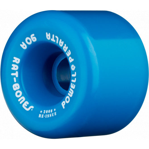 A POWELL-PERALTA RAT BONES BLUE skateboard wheel with a diameter of 60mm on a white background.