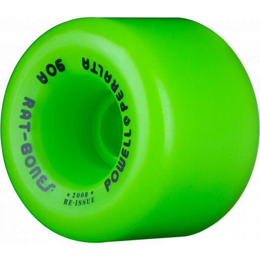A green POWELL PERALTA RAT BONES 60MM 90A skateboard wheel on a white background.