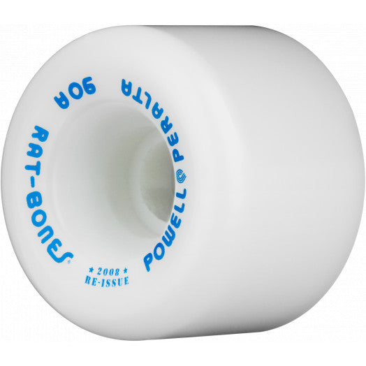 A white POWELL-PERALTA RAT BONES WHITE skateboard wheel with blue letters on it, featuring a 90a hardness level.