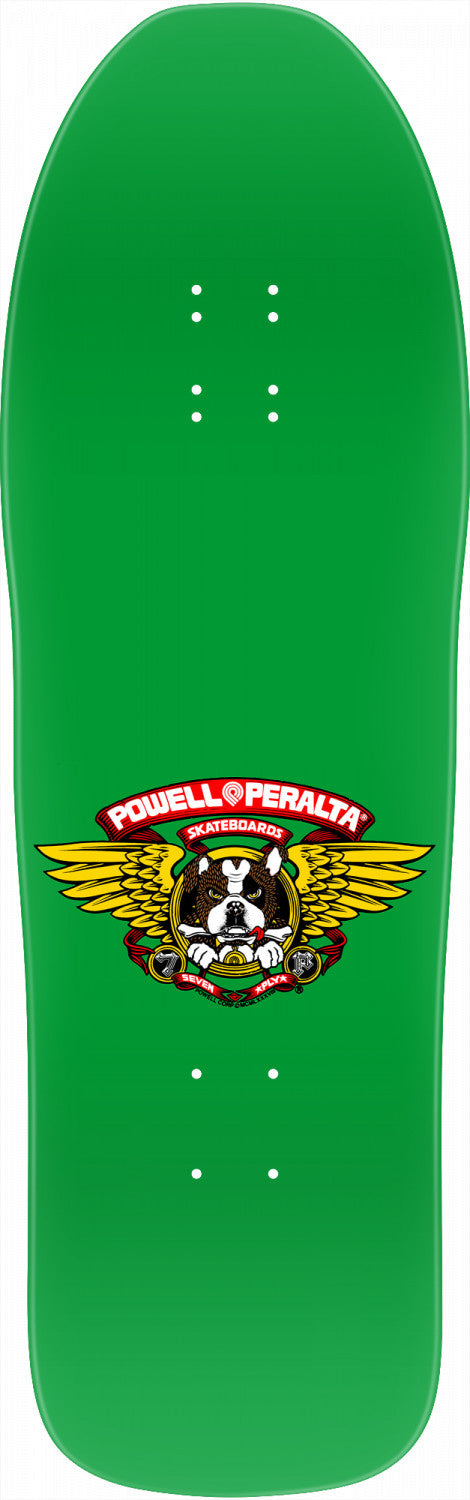 A green skateboard with a POWELL PERALTA HILL BULLDOG 10X31.5 GREEN logo on it.