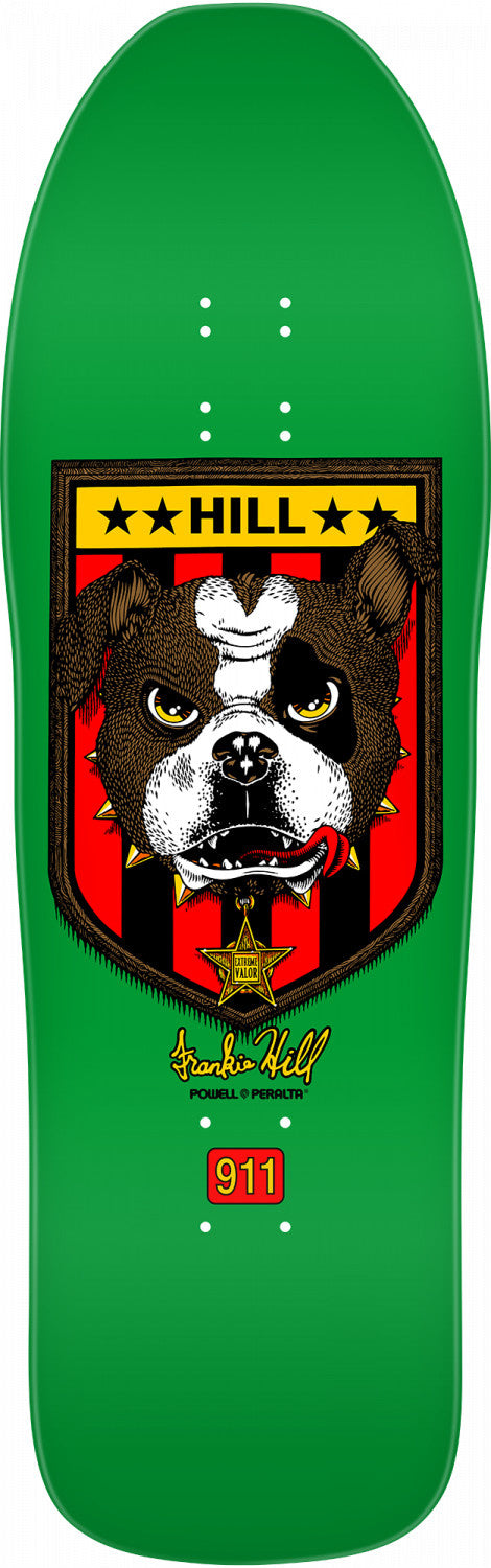 A POWELL PERALTA skateboard with an image of a dog, the POWELL PERALTA Hill Bulldog 10X31.5 GREEN, on it.