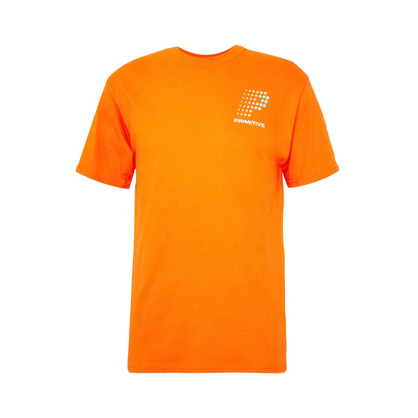 A bright orange shirt with a left chest white Primitive logo.