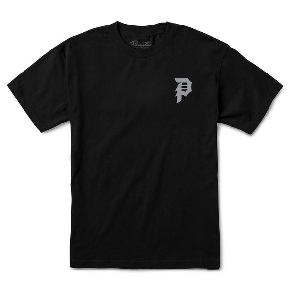 The PRIMITIVE DOOM T-SHIRT BLACK by PRIMITIVE features a small gray stylized "P" logo on the left chest. This classic short-sleeve tee is shown laid flat on a white background.