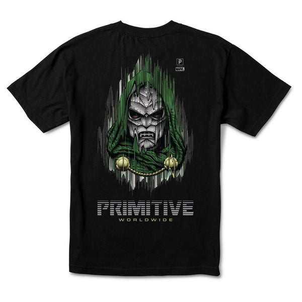 The PRIMITIVE DOOM T-SHIRT BLACK by PRIMITIVE features a masked figure in a green hood graphic with "PRIMITIVE WORLDWIDE" text beneath the image.