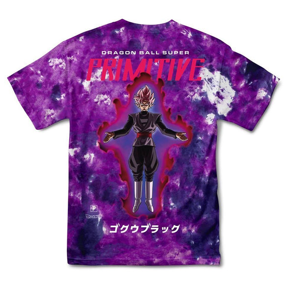 The PRIMITIVE GOKU BLACK ROSE WASHED T-SHIRT in purple features Dragon Ball Super's Goku Black, "Primitive" text, and Japanese lettering on the back.
