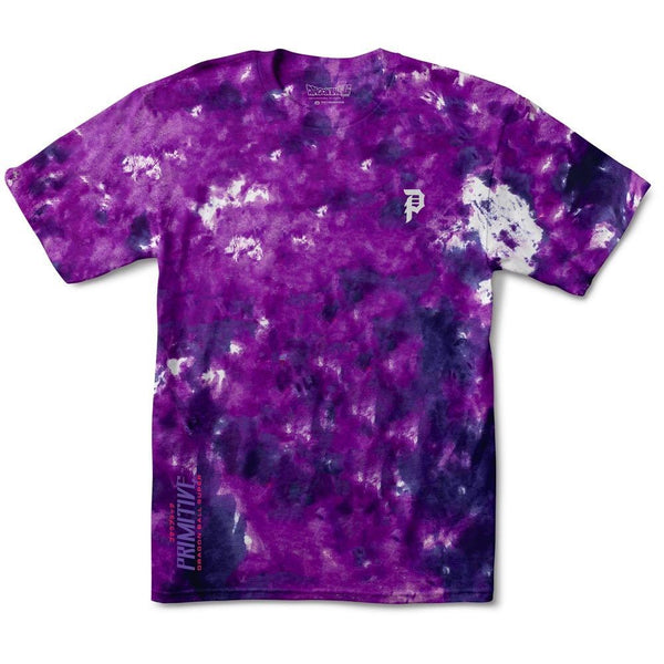 The PRIMITIVE GOKU BLACK ROSE WASHED T-SHIRT in purple and black features a small white logo on the chest and "PRIMITIVE" text in purple near the hem, inspired by Goku Black’s style.