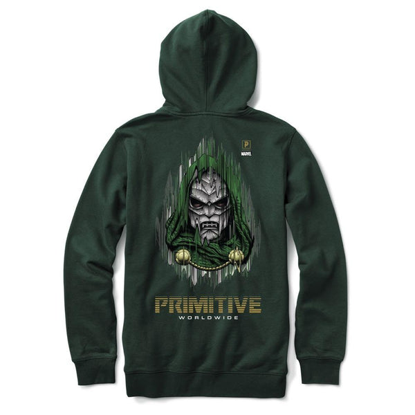 The PRIMITIVE DOOM HOODIE DARK GREEN by PRIMITIVE features an illustrated Doctor Doom graphic on the back with "Primitive Worldwide" printed below.