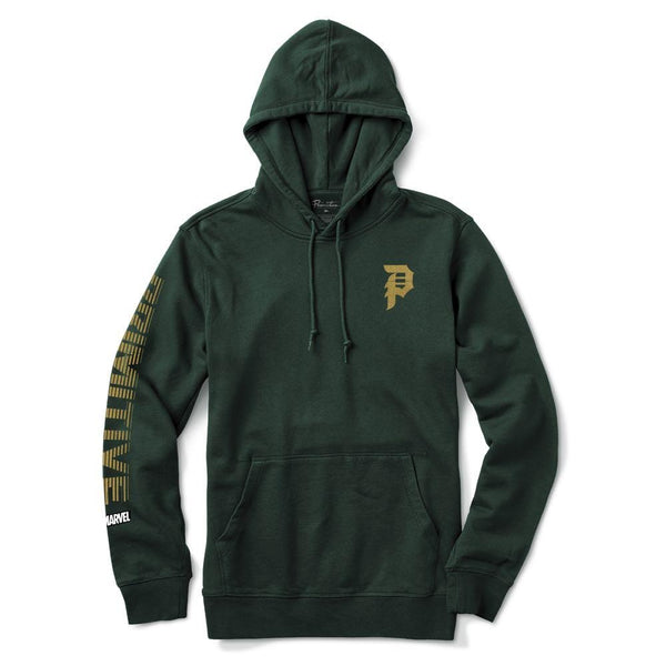 The PRIMITIVE DOOM HOODIE DARK GREEN by PRIMITIVE features a hood with drawstrings, a small gold logo on the left chest, and gold and white text on the right sleeve for a bold yet subtle look.
