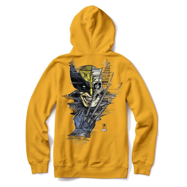 The PRIMITIVE WOLVERINE HOODIE GOLD by PRIMITIVE features a bold gold color and a back graphic of Marvel's Wolverine with claws extended, plus the Marvel logo below.