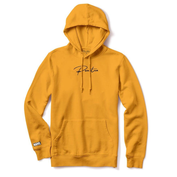 The PRIMITIVE WOLVERINE HOODIE GOLD features a front pocket, drawstrings, "Primitive" chest text, and a small Marvel logo patch on the left sleeve cuff.