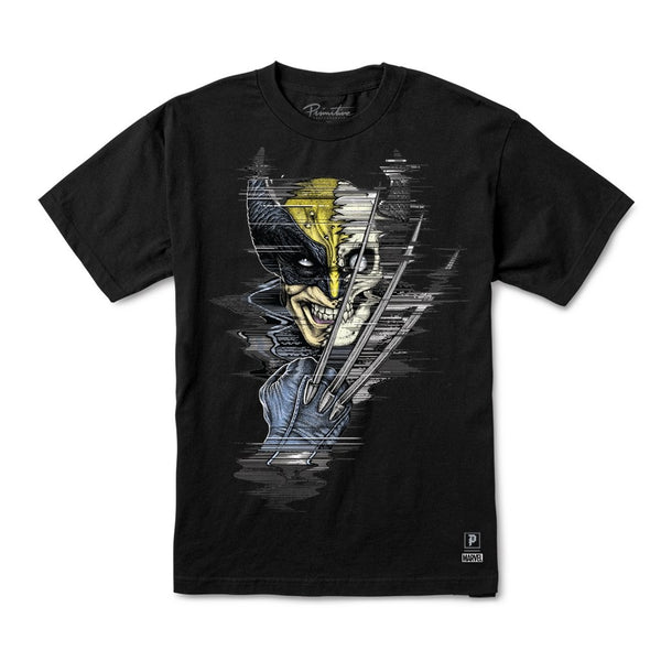 The PRIMITIVE WOLVERINE VINTAGE OVERSIZED T-SHIRT BLACK by PRIMITIVE showcases a distorted Wolverine face and claws graphic in yellow, black, and blue tones on a black vintage-style oversized tee.