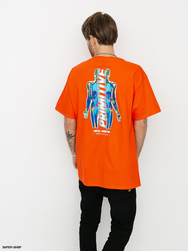 A man showing the back of a shirt that has an xray of a person.