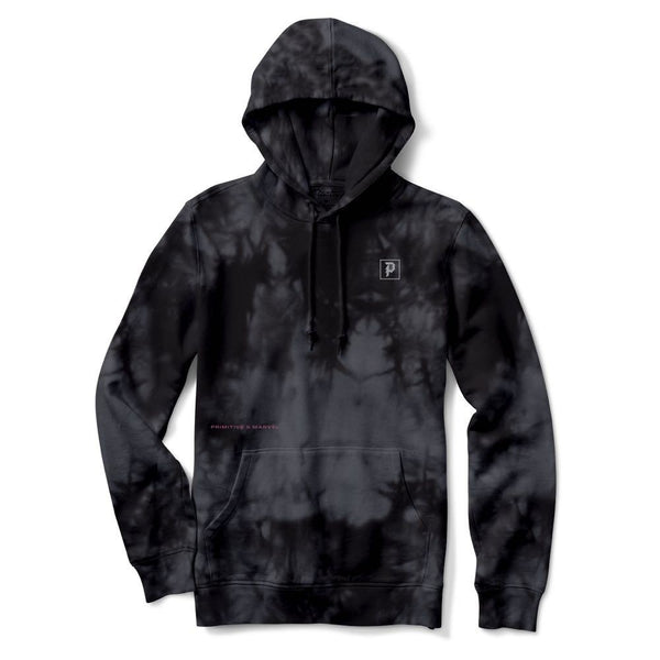The PRIMITIVE VENOM HOODIE WASHED BLACK by PRIMITIVE features a front pocket, drawstring hood, and a small square logo on the left chest.