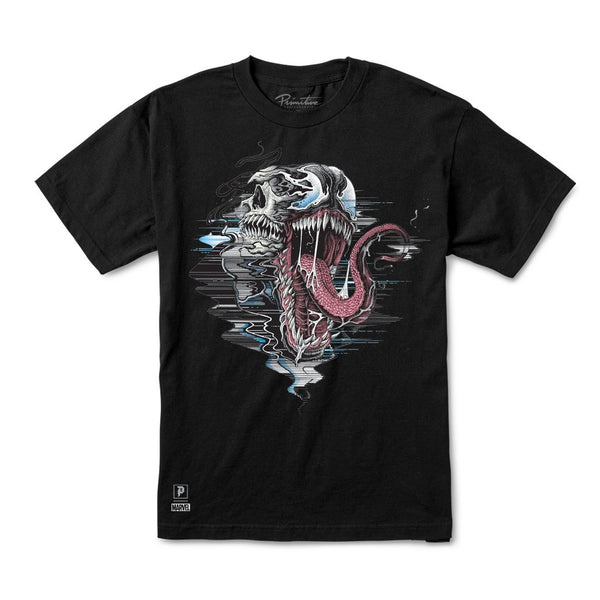 The PRIMITIVE VENOM OVERSIZED T-SHIRT BLACK by PRIMITIVE features a glitch-inspired skull graphic with sharp teeth and a long red tongue, drawing inspiration from Venom.