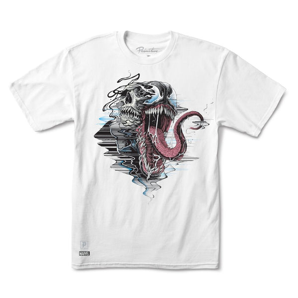 The PRIMITIVE VENOM OVERSIZED T-SHIRT WHITE by PRIMITIVE features a white design with a skull merging into a monstrous open mouth and tongue, enhanced by glitch-like effects and smoky wisps.