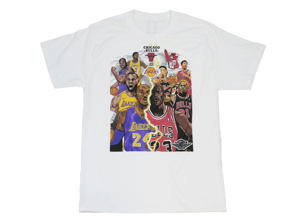 A Bluetile Skateboards white t-shirt featuring NBA players.