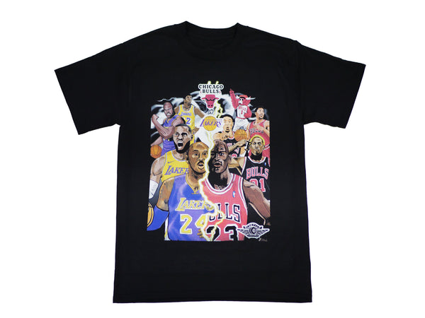 A black BLUETILE LA TO CHICAGO JORDAN 1 T-SHIRT BLACK featuring NBA players and the iconic Bluetile Skateboards logo.