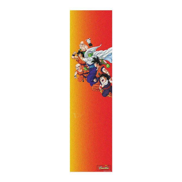 The PRIMITIVE X DRAGONBALL Z GRADIENT GRIPTAPE by PRIMITIVE features a vertical design with an orange-to-red gradient and seven Dragon Ball Z characters lined up along the right side.