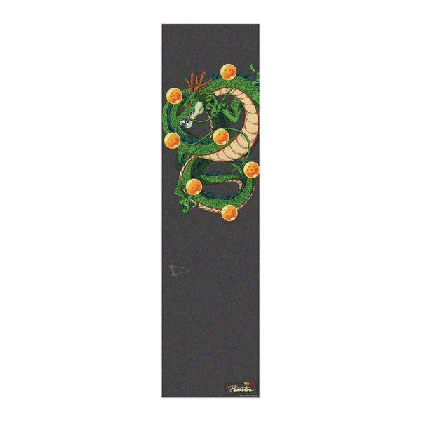 The PRIMITIVE X DRAGONBALL Z SHENRON GRIPTAPE by PRIMITIVE is a black skateboard grip tape featuring Shenron the green dragon coiled around orange Dragon Balls with stars, inspired by Dragon Ball Z.