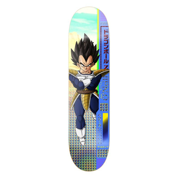 The PRIMITIVE X DRAGONBALL Z SHANE O'NEILL VEGETA skateboard deck features Vegeta in his Saiyan armor with vibrant graphics and Japanese text. Available in various sizes.