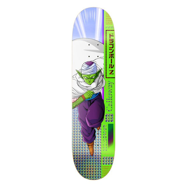 The PRIMITIVE X DRAGONBALL Z DEVINE CALLOWAY PICCOLO skateboard deck by PRIMITIVE features Piccolo with Japanese text in a green, blue, and white color scheme. Available in various sizes.