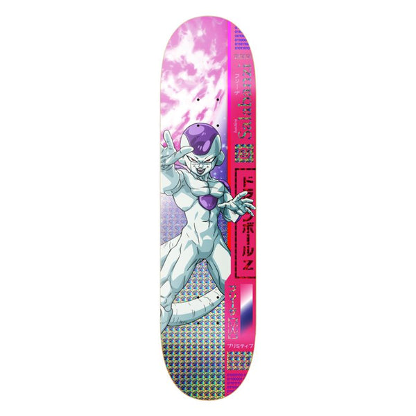 The PRIMITIVE X DRAGONBALL Z BASTIEN SALABANZI FRIEZA skateboard deck features Frieza with bold pink and blue geometric designs and Japanese text on the background. Available in various sizes from PRIMITIVE.